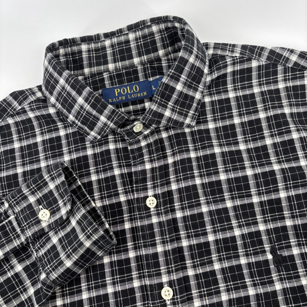 Polo Ralph Lauren Shirt Men's Large‎ Black White Plaid Long Sleeve 100% Cotton
